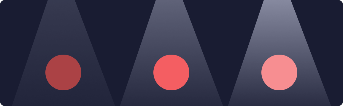 Shows 3 red circles in a dark room that receive light of varying intensity. The circles become lighter the more light they receive.
