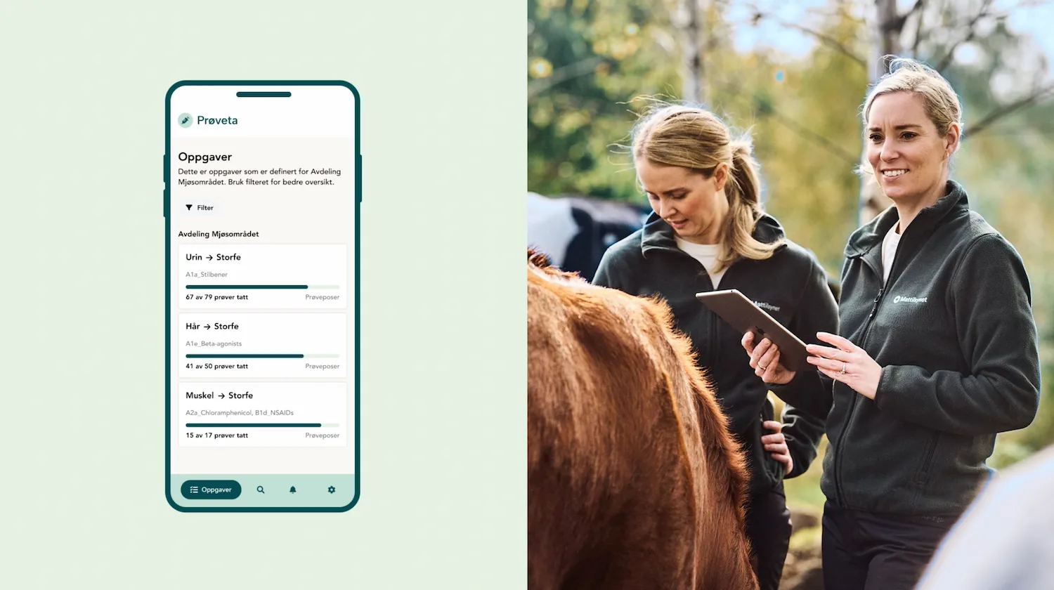 Employees from the Norwegian Food Safety Authority stand together with animals and hold a screen.