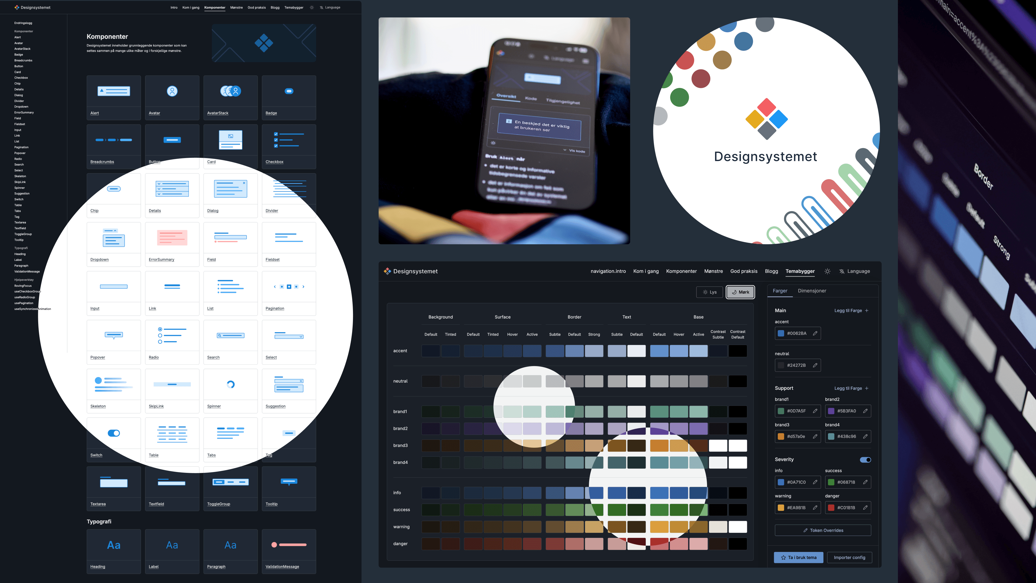 Collage av Designsystemet med skjermbilder fra komponentoversikten, temabyggeren og en mobilvisning av dokumentasjonen.