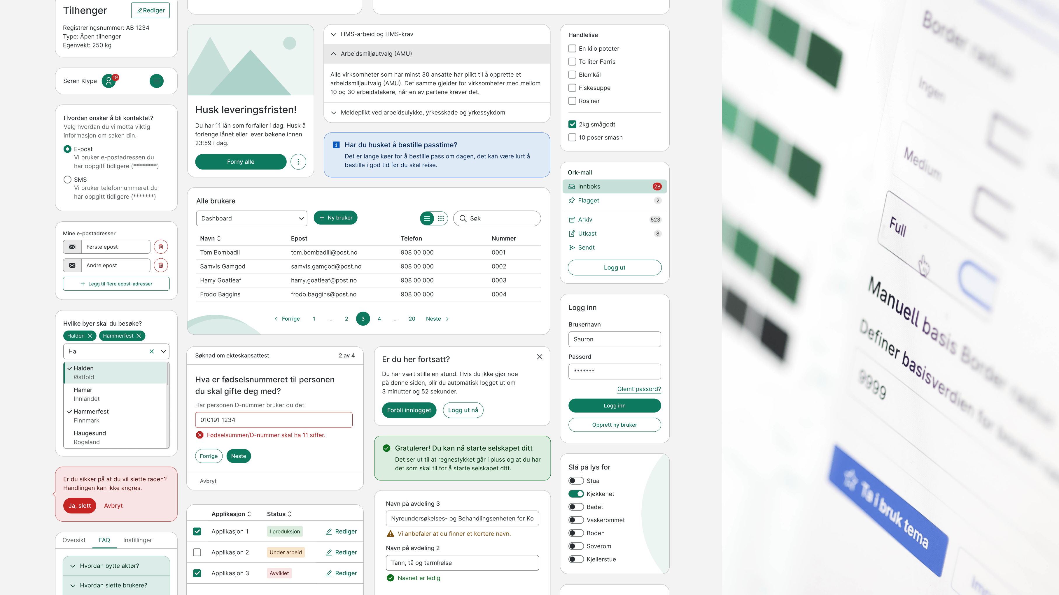 Collage som viser lyse komponenteksempler fra Designsystemet, blant annet skjema, tabeller, varsler, kort, knapper og innstillinger.