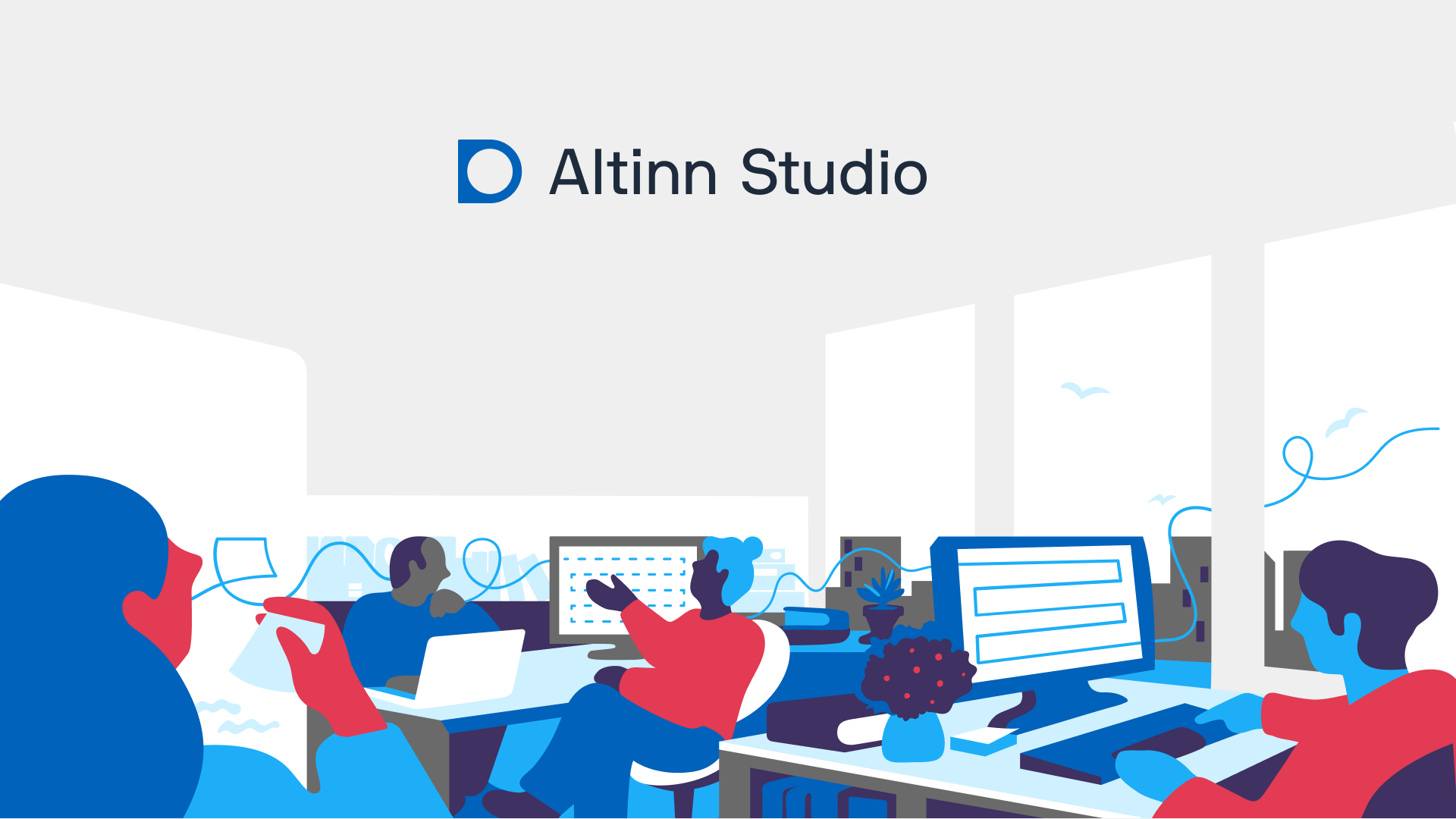 Logo og illustustrasjon av Altinn Studio. Viser mennesker som sitter ved datamaskiner i et kontorlandskap.