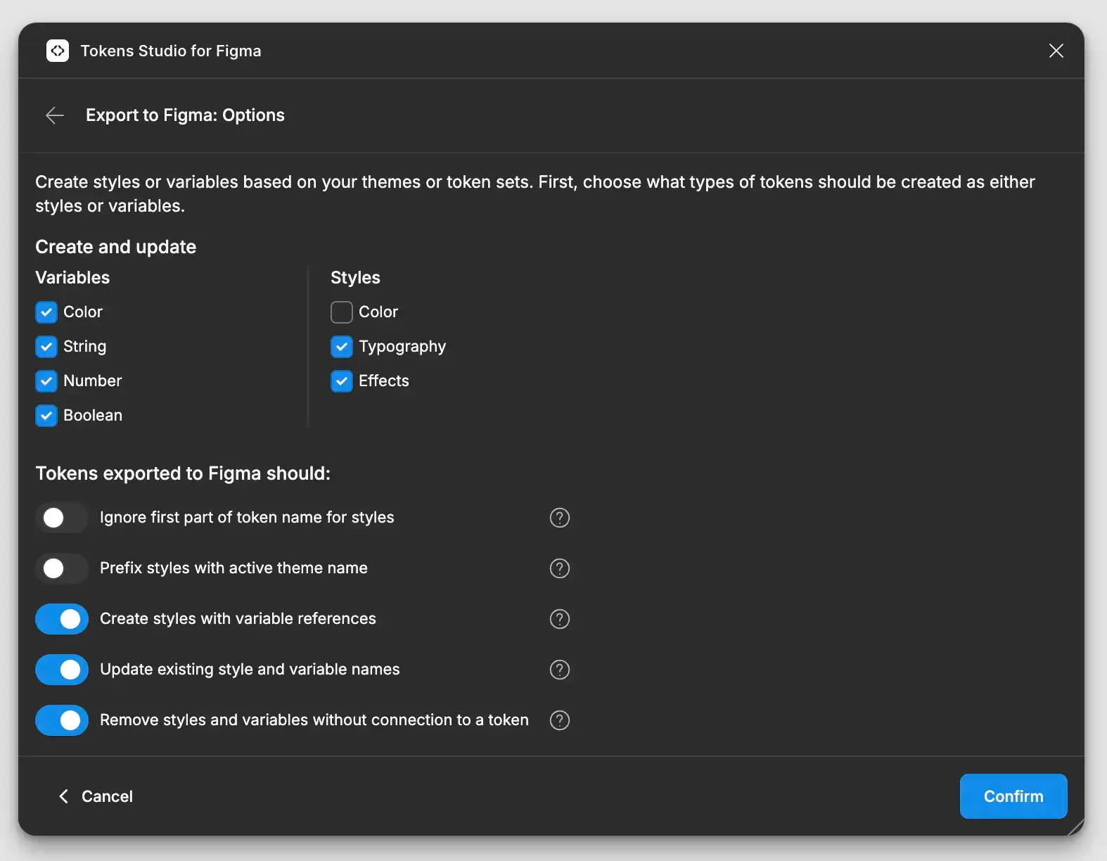 Screenshot of Tokens Studio showing which settings to use when exporting tokens to Figma