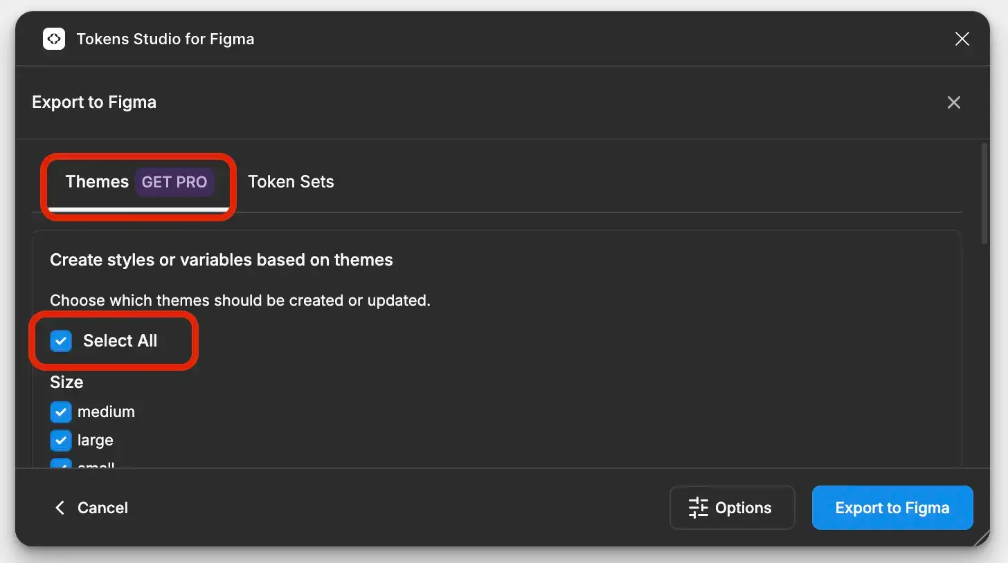 Screenshot of Tokens Studio showing that you must select Themes and then Select All