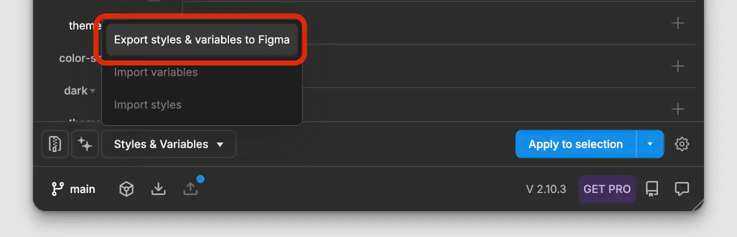 Screenshot of Tokens Studio showing where to find the export button