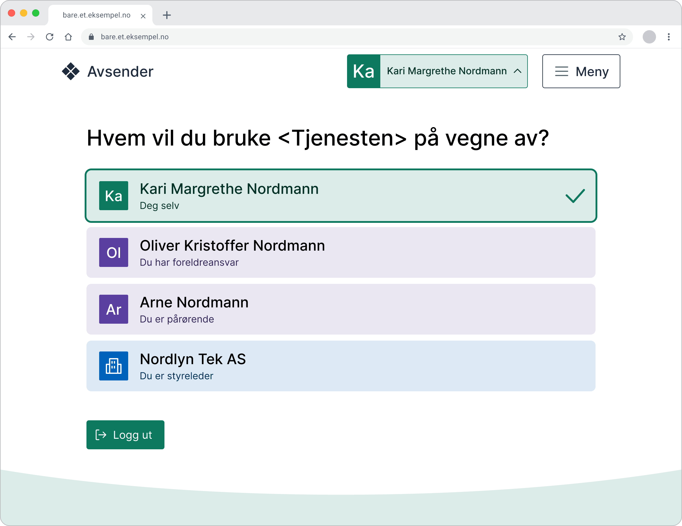 Illustrasjonen viser en grensesnitt med tittelen 'Hvem vil du bruke tjenesten på vegne av? I toppen står det at du er logget inn som Kari Nordmann, og under er det en liste med personer du kan bruke tjenesten på vegne av.