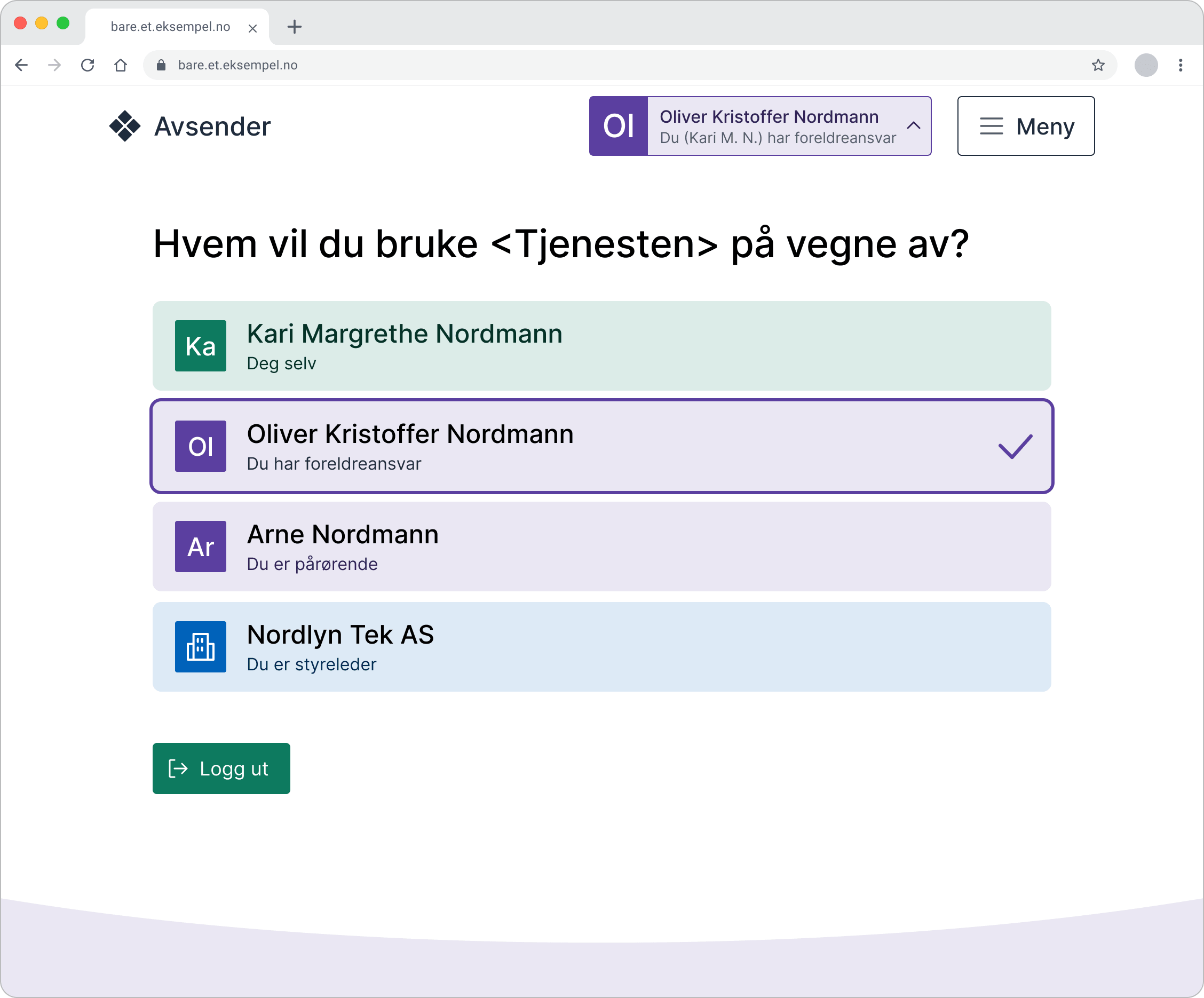 Illustrasjonen viser en grensesnitt med tittelen 'Hvem vil du bruke tjenesten på vegne av?' og noen valg mellom personer og virksomheter. Det er også en beskrivelse som forklarer hvorfor brukerne kan gjøre noe på vegne av noen andre, for eksempel at de er foresatt, har fått fullmakt eller er daglig leder. I toppen står det at du representerer Oliver Kristoffer Nordmann, og at du har foreldreansvar for ham.