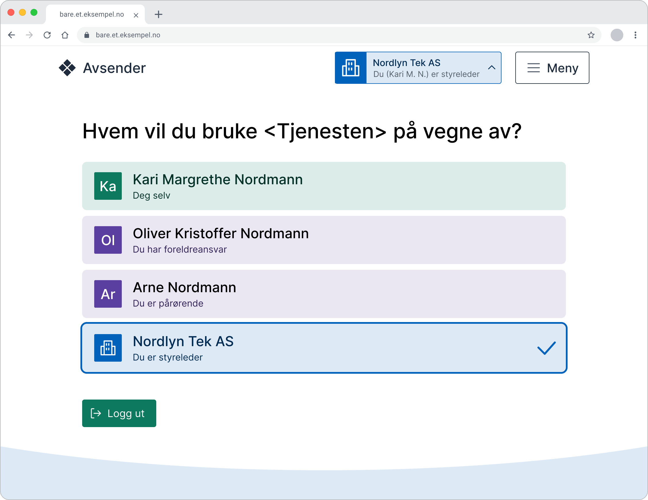 Illustrasjonen viser en grensesnitt med tittelen 'Hvem vil du bruke tjenesten på vegne av?' og noen valg mellom personer og virksomheter. I toppen står det at du representerer Nordlyn Tek AS, og at du er styreleder.