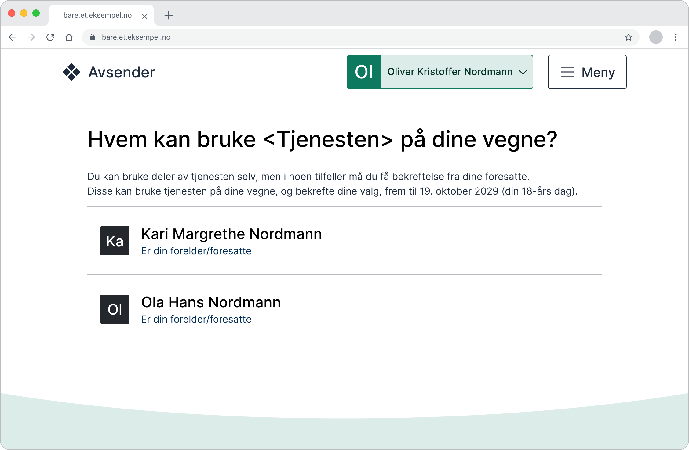 Illustrasjonen viser en grensesnitt med tittelen Hvem kan bruke <Tjenesten> på dine vegne? I toppen står det at du er innlogget som Oliver Kristoffer Nordmann. Det er en liste over personer som har tilgang, og det kommer frem hvorfor de har tilgang, i dette eksempelet to personer som er foreldre.